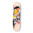 Skateboard deck with abstract graffiti-style artwork featuring black drips and orange circular elements.