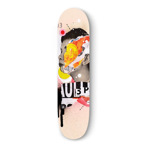 Skateboard deck with abstract graffiti-style artwork featuring black drips and orange circular elements.