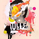 Abstract mixed-media artwork featuring a stylized profile with vibrant colors and text elements.