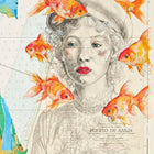 A watercolor and ink illustration of a woman with curly hair and a beret surrounded by vibrant orange goldfish on limited edition aluminium product fish eyes