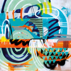 A painting with a blue and orange design