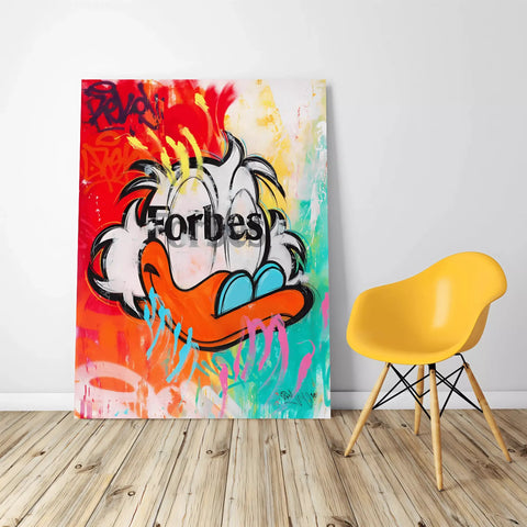 A colorful painting on a wall with a yellow chair