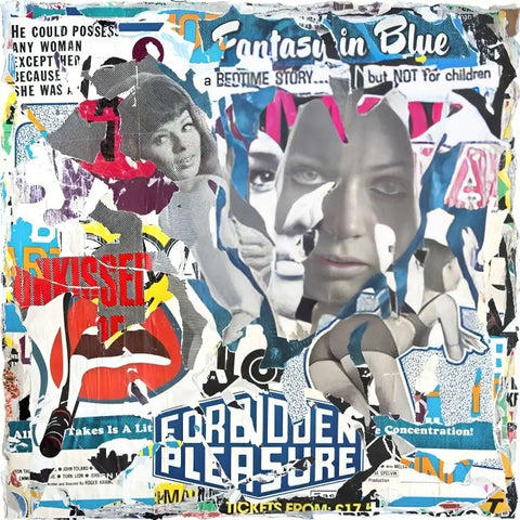 Collage-style artwork featuring text, faces, and abstract elements in a chaotic, colorful composition.