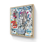 Framed collage artwork featuring a mix of images, text, and faces in various colors and styles.