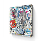 Colorful collage-style artwork on a canvas featuring a mix of images, text, and abstract elements.