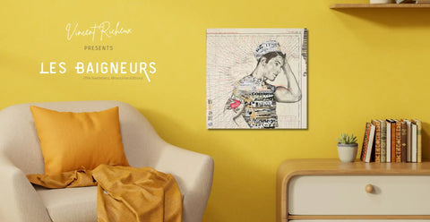 A framed mixed-media artwork featuring a stylized portrait of a man in a crown, composed with newspaper clippings and text fragments on a light background.