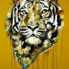 A painting of a tiger with a yellow background