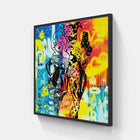 A colorful abstract painting on a wall