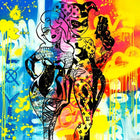 A painting of two women in a colorful dress