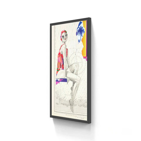 A framed mixed-media artwork featuring a stylized woman in a red swimsuit and matching swim cap, set against a collage of vintage map elements and vibrant abstract color blocks.