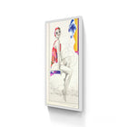 A framed mixed-media artwork featuring a stylized woman in a red swimsuit and matching headscarf, set against a backdrop of vintage nautical charts with vibrant color blocks.