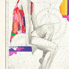 A vibrant, patchwork-style swimsuit in reds and pinks with a matching headscarf worn by a stylized figure.