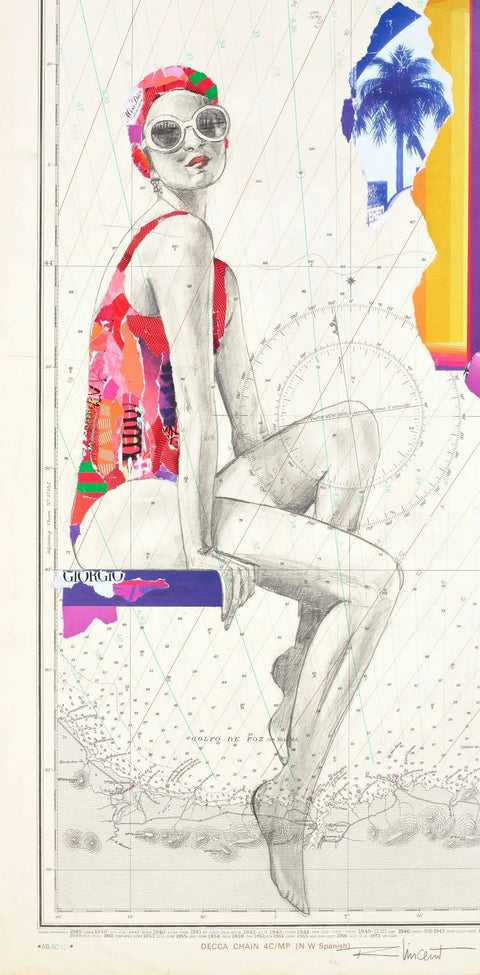 A vibrant, patchwork-style swimsuit in reds and pinks with a matching headscarf worn by a stylized figure.