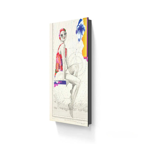 A vibrant, mixed-media canvas print featuring a stylized woman in a red swimsuit and sunglasses against a backdrop of nautical charts and tropical imagery.