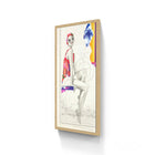 A vibrant, mixed-media artwork featuring a stylized woman in a red swimsuit and sunglasses within a light wood-framed canvas.