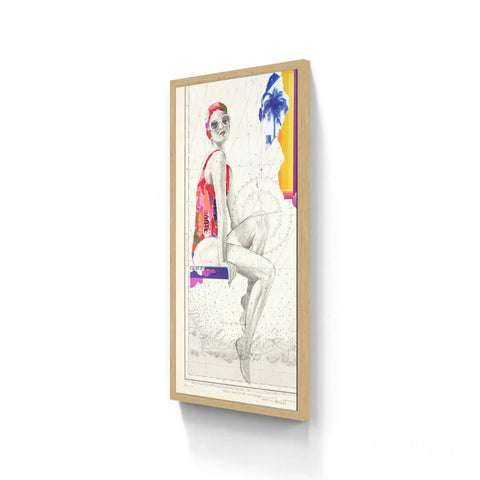 A vibrant, mixed-media artwork featuring a stylized woman in a red swimsuit and sunglasses within a light wood-framed canvas.