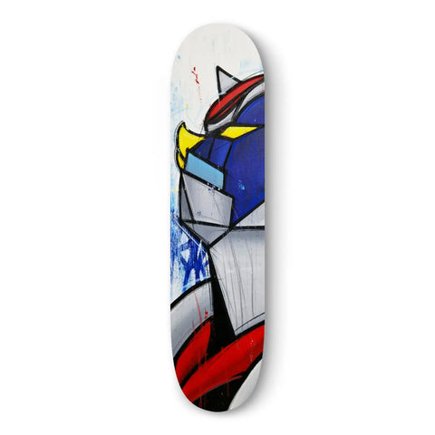 Skateboard deck featuring a Gundam-style robot design in red, blue, white and yellow colors.