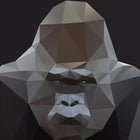 A close up of a gorilla’s face with a low polygonal background