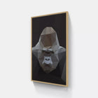 A framed print of a gorilla head on a wall