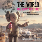 A beige kaws character figurine holding a pink ice cream cone wearing knitwear and shorts in santorini kweam artwork