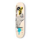 Skateboard deck with artistic collage-style graphics featuring text, facial features, and a blue paint drip.