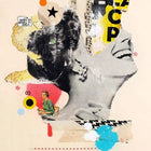 A close up of a collage of a woman with a skateboard