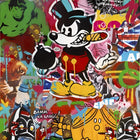Mickey Mouse-like character with a cigar and bomb, surrounded by pop culture imagery.