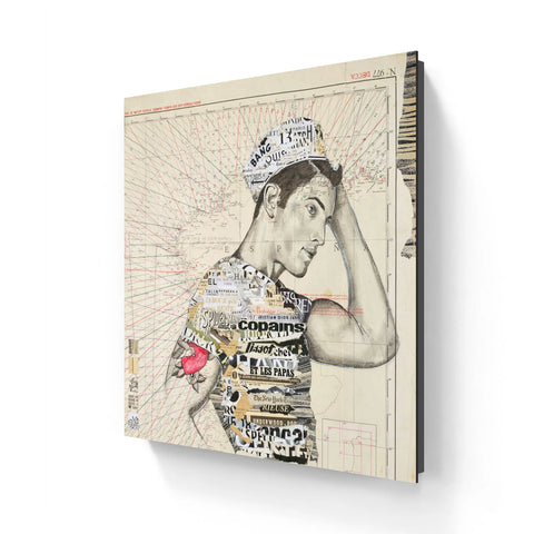 A square canvas print featuring a stylized portrait of a man in profile, his body and hat covered in layered newspaper clippings and text fragments on an aged map background.