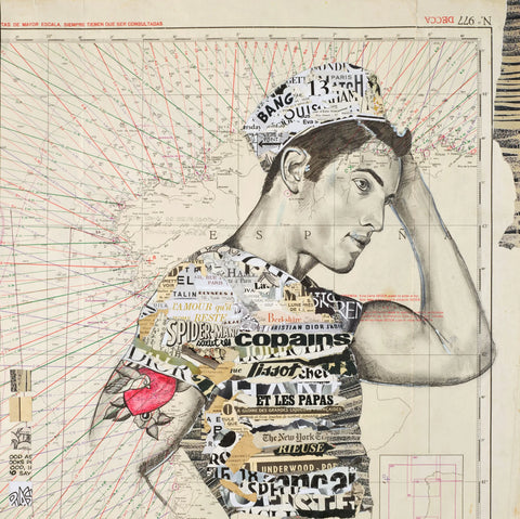 A collage-style portrait of a man wearing a cap and shirt made from layered newspaper clippings, featuring text fragments like ’spider-man’ and brand names such as dior.