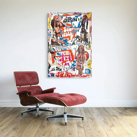 Collage-style artwork featuring colorful magazine cutouts and graffiti-like text on canvas.