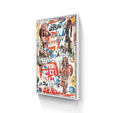 Colorful collage-style artwork featuring various images and text in a framed canvas format.