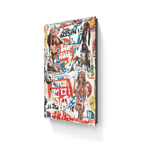 Colorful collage-style canvas artwork featuring fragmented images and text in a graffiti-inspired style.