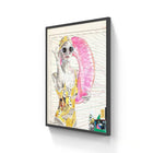 A framed artwork featuring a stylized illustration of a woman in sunglasses and a yellow patterned swimsuit, holding a pink inflatable ring against a background resembling technical blueprint paper.