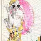 A vibrant collage-style illustration of a woman in a yellow patterned swimsuit and white sunglasses, holding a pink inflatable ring.