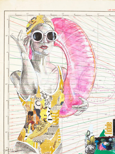 A vibrant collage-style illustration of a woman in a yellow patterned swimsuit and white sunglasses, holding a pink inflatable ring.
