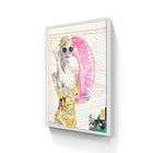 A vibrant pop-art framed print featuring a stylized woman in sunglasses and a yellow patterned swimsuit holding a pink inflatable ring, set against a grid background with collage elements.