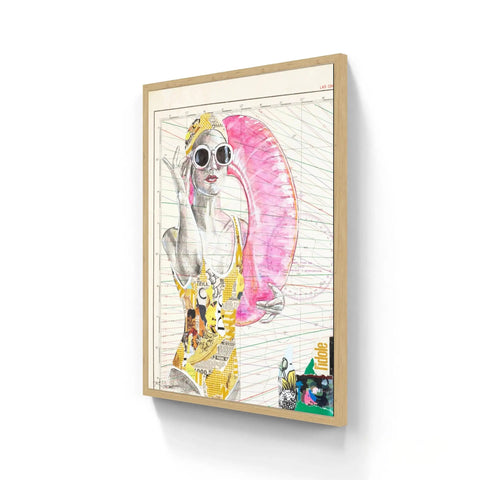 A vibrant pop-art framed print featuring a stylized woman in yellow patterned swimwear and sunglasses, holding a pink inflatable ring against a grid background.