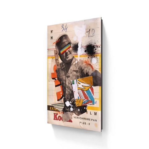 Mixed media collage artwork featuring a fragmented human figure with abstract elements and text.