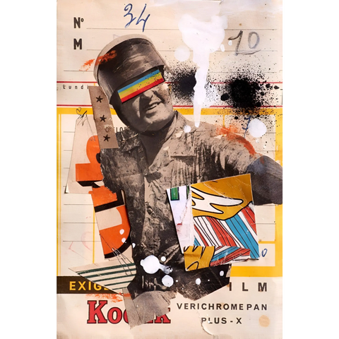 Mixed media collage featuring a vintage photograph overlaid with colorful geometric shapes and text fragments.