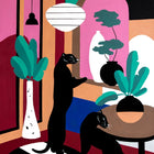 A painting of a cat and a plant