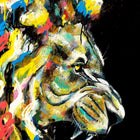A painting of a lion with colorful paint strokes