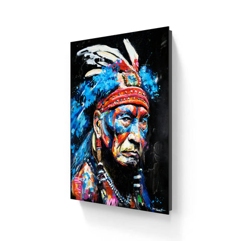 Vibrant abstract portrait of native american chief in blue red and orange face paint on limited edition aluminium product