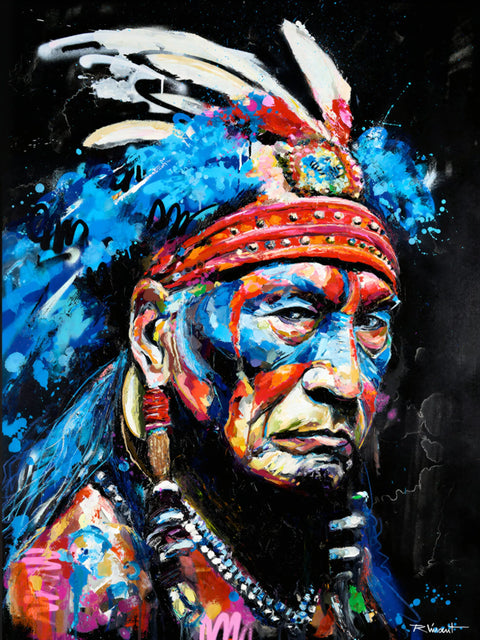Vibrant abstract painting of native american chief with blue red and orange face paint on limited edition aluminium panel