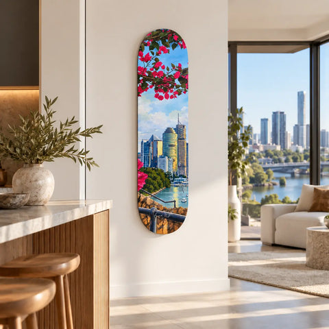 A vibrant kangaroo point cliffs australia keepsake fakeboard with a scenic cityscape and pink flowering branches mounted as wall decor