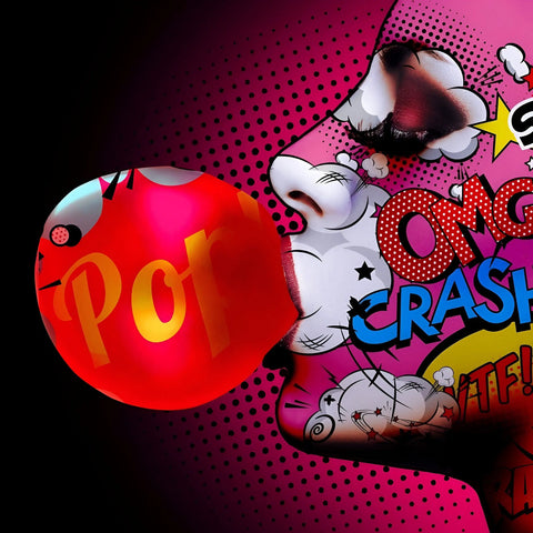 A vibrant red glossy aluminium lady bubble pop balloon with bold yellow pop lettering limited edition