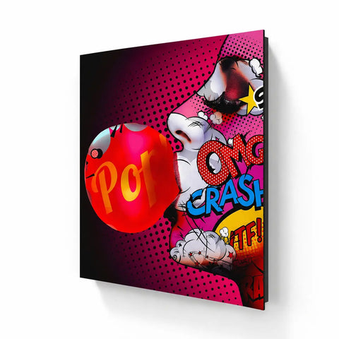 Vibrant lady bubble pop limited edition aluminium canvas with bold red pink and yellow pop art comic book graphics
