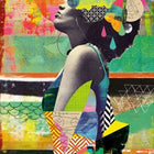 A painting of a woman with a colorful headband and a colorful background