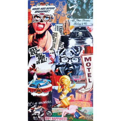 Colorful collage featuring various pop culture images, text snippets, and graphic elements in a chaotic, overlapping arrangement.