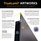 TrueLumi artworks with aluminium panel, wooden hanging frame, direct printing technology, and exclusive matte finish.