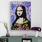 Colorful graffiti-style artwork depicting a famous Renaissance portrait with pink text overlaid.